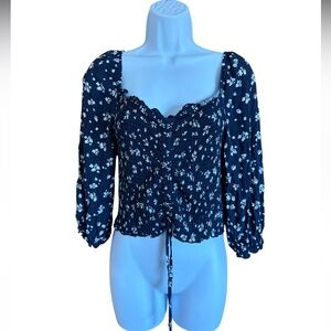 Almost Famous Navy Blue Floral Cropped Ruched Blouse Women’s Size XL